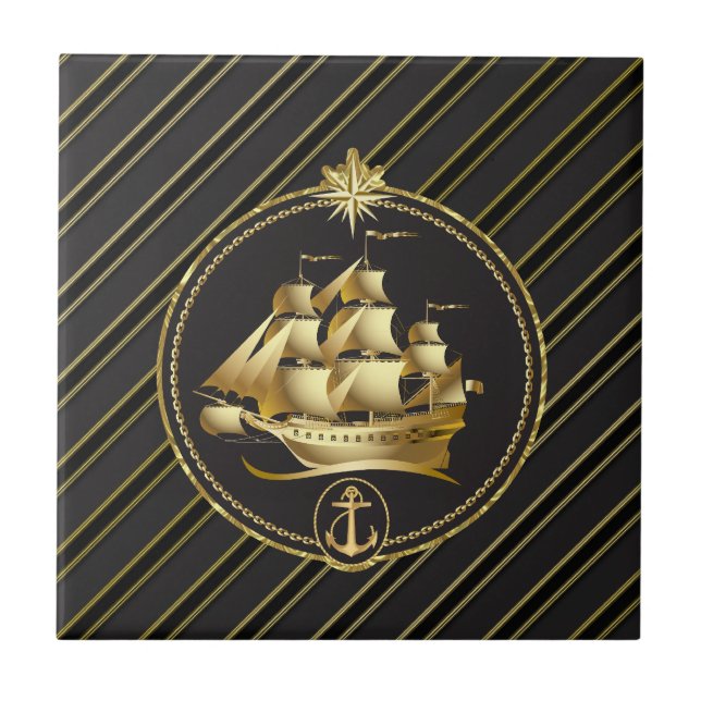 Golden Metallic Sailing Frakt & Anchor Guld Rand Kakelplatta (Framsidan)