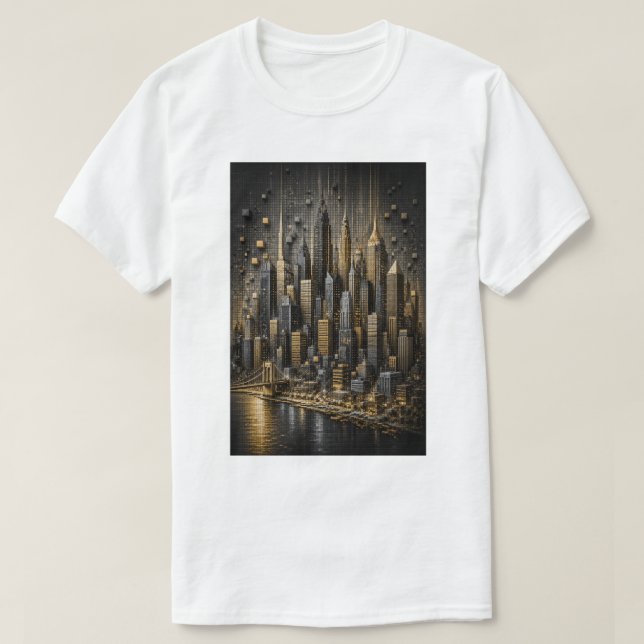 Golden Metropolis | 3D Micro Mosaik Stadssiluett T Shirt (Design framsida)