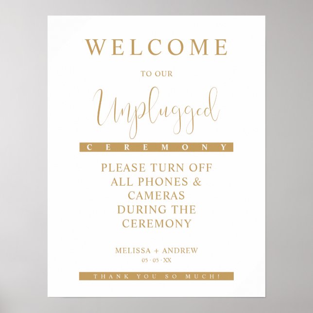 Golden Minimalist Unplugged Wedding Sign Poster (Framsidan)