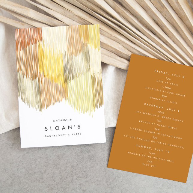 Golden Modern Fringe Bachelorette Party Itinerary Spara Datumet (Golden yellow modern fringe fiesta bachelorette party itinerary cards.)