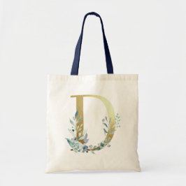 Golden Monogram Brev D Blue Watercolor Flowers Tygkasse