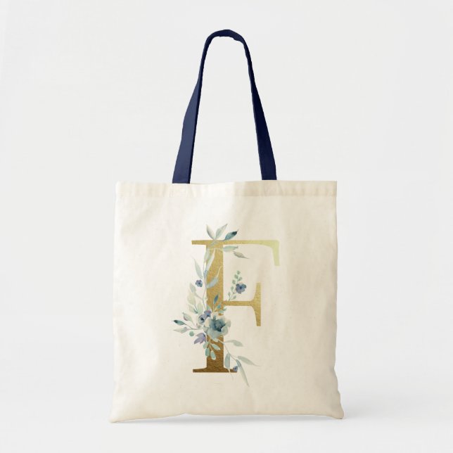 Golden Monogram Brev F Blue Watercolor Flowers Tygkasse (Framsidan)