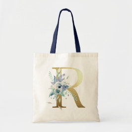 Golden Monogram Brev R Blue Watercolor Flowers Tygkasse
