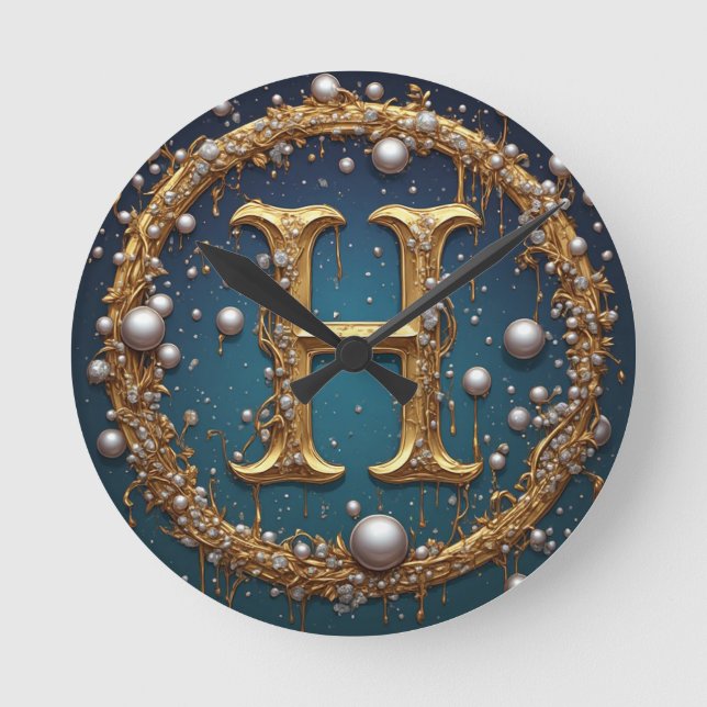 Golden Monogram Initial Letter H Rund Klocka (Framsida)