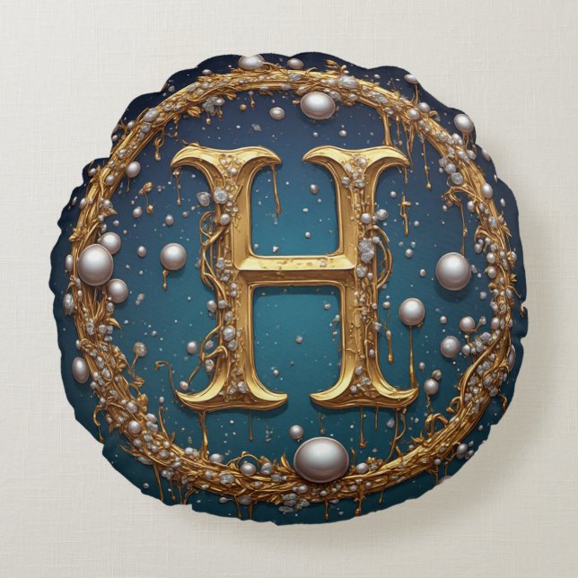 Golden Monogram Initial Letter H Rund Kudde (Framsidan)