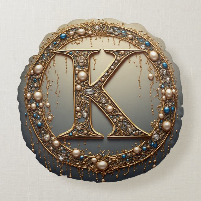 Golden Monogram Initial Letter K Rund Kudde (Framsidan)