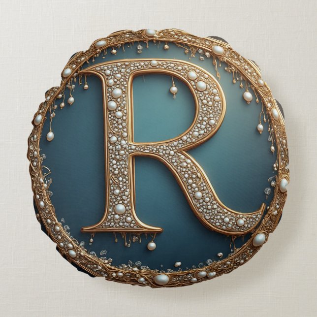 Golden Monogram Initial Letter R Rund Kudde (Framsidan)