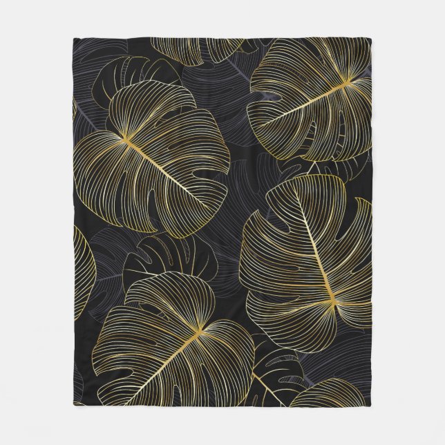 Golden monstera löv, romantisk sömlös blommigt. fleecefilt (Framsidan)