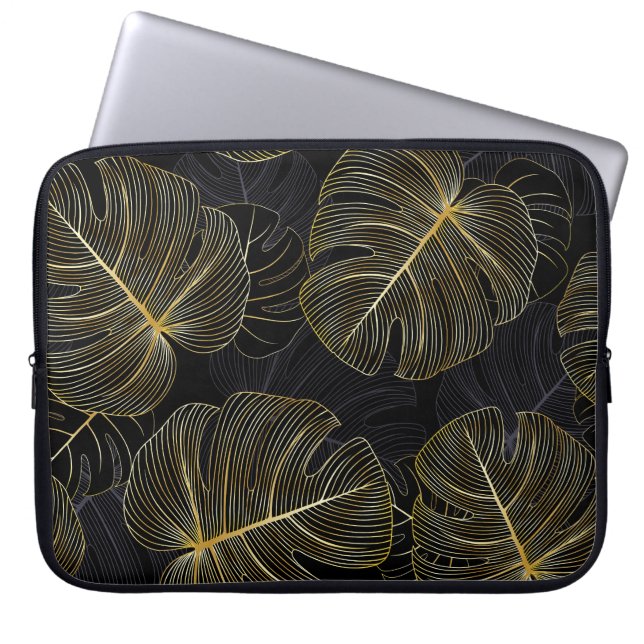 Golden monstera löv, romantisk sömlös blommigt. laptop fodral (Framsidan)