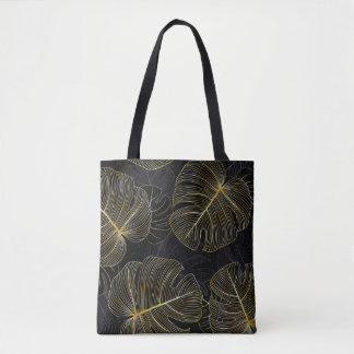 Golden monstera löv, romantisk sömlös blommigt. tygkasse