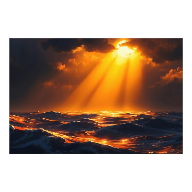 Golden Moonlight over Ocean Vågar Fantasy Sjölands Fototryck (Framsidan)