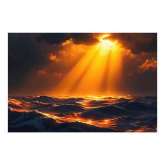 Golden Moonlight over Ocean Vågar Fantasy Sjölands Fototryck