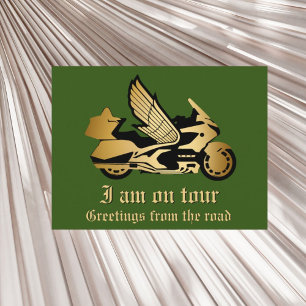 Golden motorcykel guld, guldvingande hälsning vykort