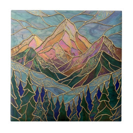 Golden Mountain Peaks Forest Stained Glass Art Kakelplatta