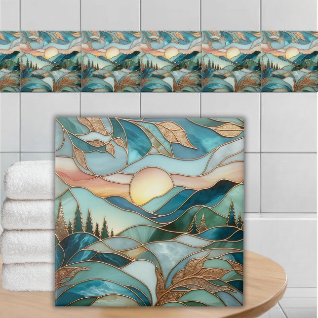 Golden Mountain Peaks Forest Stained Glass Art Kakelplatta (Skapare uppladdad)