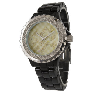 Golden Musik noter Black Rhinestone Watch Armbandsur