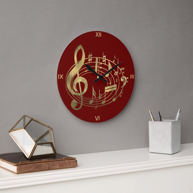 Golden Musik noter i Oval Shape på Red Stor Klocka (Kontor)