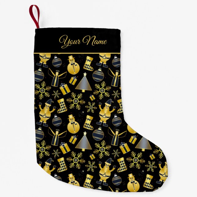 Golden Namn Santa Snögubbe Gift Mönster Black Liten Julstrumpa (Framsidan)
