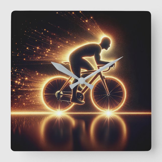 Golden Neon Bicycle Fyrkantig Klocka (Framsida)