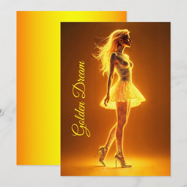 Golden neon-flicka i mode-elegans inbjudningar (Fram/baksida)