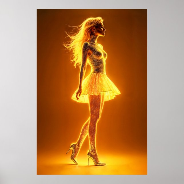 Golden neon-flicka i mode-elegans poster (Framsidan)