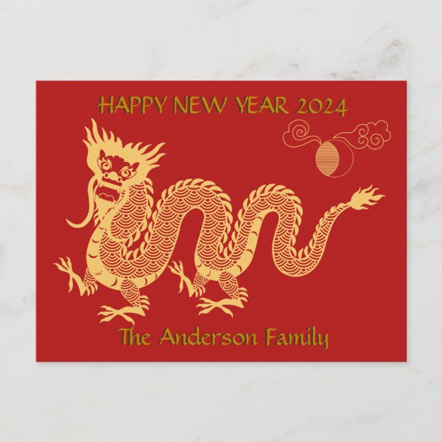 Golden New Year Dragon 2024 kinesisk Vykort (Framsida)