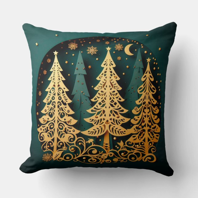 Golden Night Woodland – Christmas Tree Pattern Kudde (Framsida)