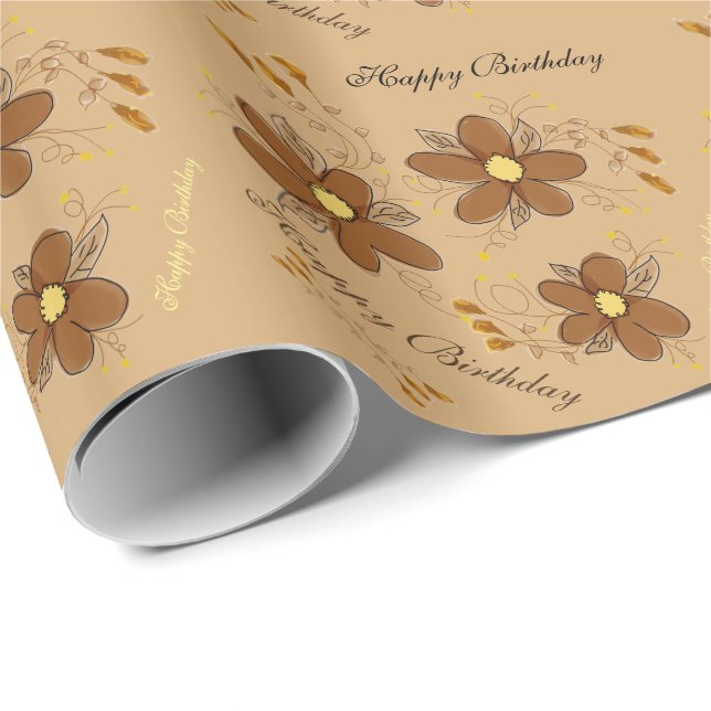 Golden Oat Blommigt Birthday Gift Wrap Presentpapper (Rullad Hörn)