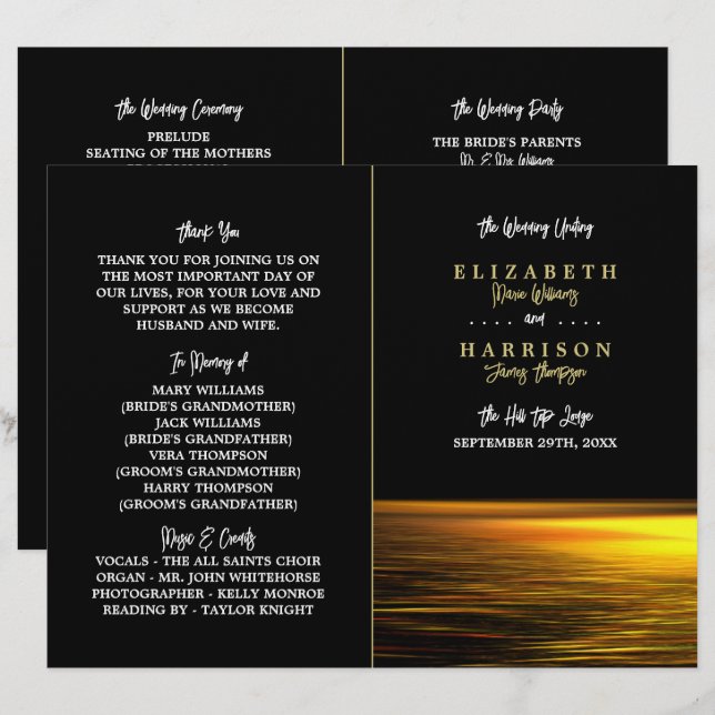 Golden Ocean, Elegant Beach Wedding Program (Fram/baksida)