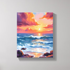 Golden Ocean Sunset | Watercolor Coastal Radiant Canvastryck