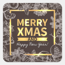 Golden och Chalk God jul Gott nytt år Fyrkantigt Klistermärke