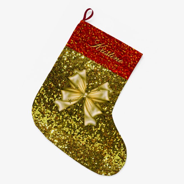 Golden och Red Glitter med Bow Stor Julstrumpa (Framsidan (Hängande))
