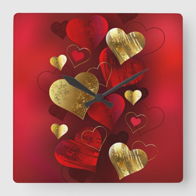 Golden- och rödfärgade valentineser fyrkantig klocka (Framsida)