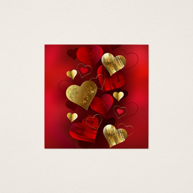 Golden- och rödfärgade valentineser fyrkantigt visitkort (Framsida)
