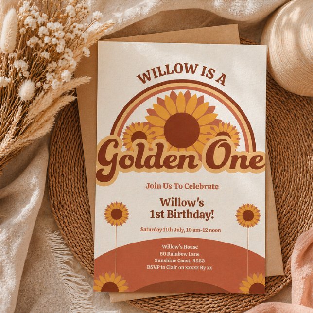Golden One Födelsedagsinbjudan Tjej | Retro Inbjudningar (Skapare uppladdad)