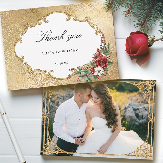 Golden Opulence-julen Blommigt Bröllop Tack Kort (Skapare uppladdad)