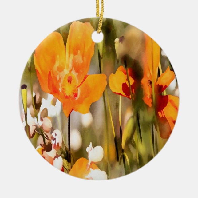 Golden Orange California Poppy Acrylic Painting Julgransprydnad Keramik (Framsidan)