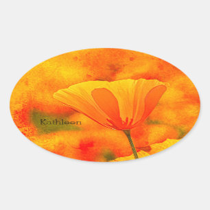Golden Orange California Poppy "Land of Orange" Ovalt Klistermärke