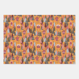 Golden Orange Christmas Forest Village Birds
