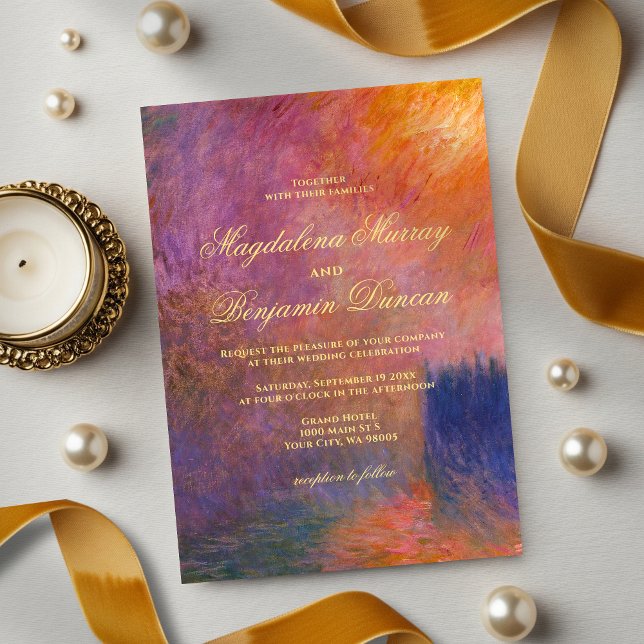 Golden Orange Purple Sunset Sky Monet Art Wedding Inbjudningar (Skapare uppladdad)