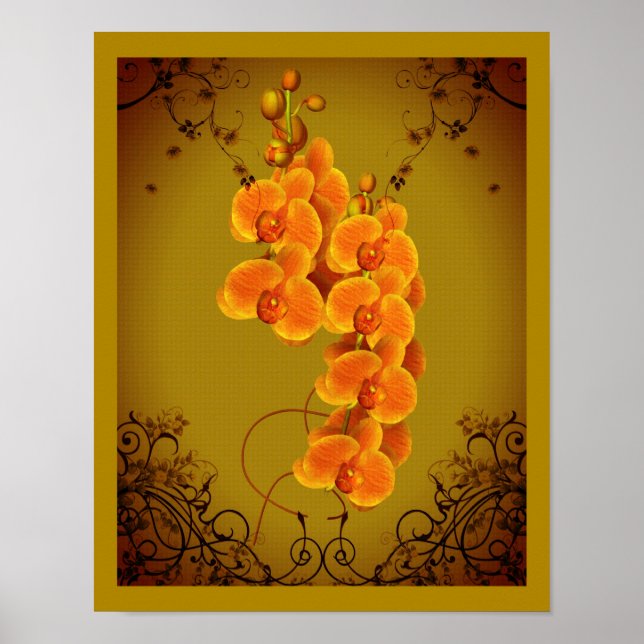 Golden Orchids Blommigt Art Poster (Framsidan)