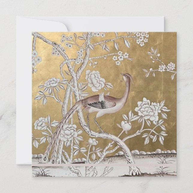 Golden Oriental Tea Garden with Subtle Peacock Inbjudningar (Framsida)