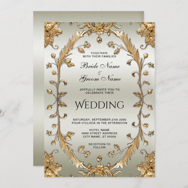 Golden Ornate Flowers Bröllopsinbjudan Inbjudningar (Fram/baksida)