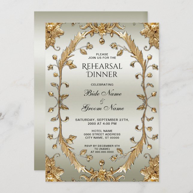 Golden Ornate Flowers Rehearsal Middag Inbjudningar (Fram/baksida)