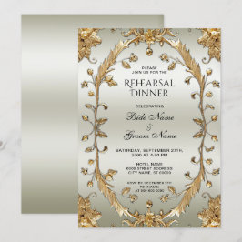 Golden Ornate Flowers Rehearsal Middag Inbjudningar