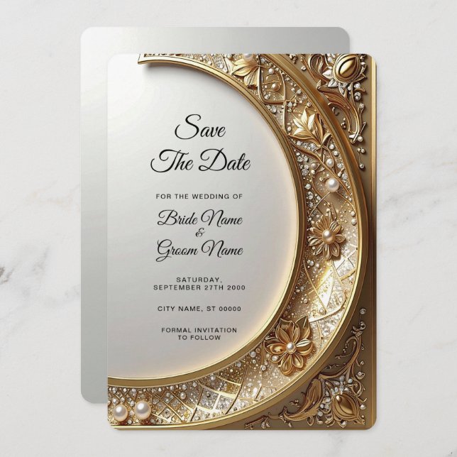 Golden Ornate Frame Save the Date Spara Datumet (Fram/baksida)
