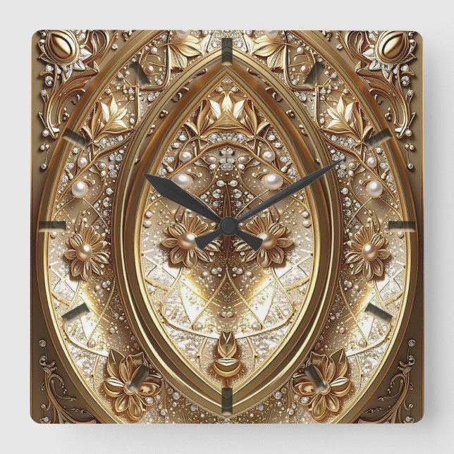Golden Ornate Frame Wall Clock Fyrkantig Klocka (Framsida)