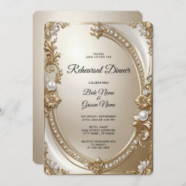 Golden Ornate Frame with Pearls Rehearsal Dinner Inbjudningar