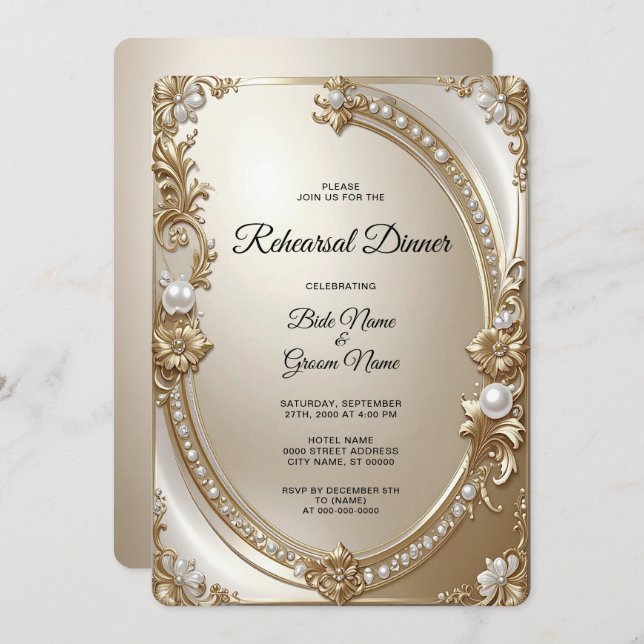 Golden Ornate Frame with Pearls Rehearsal Dinner Inbjudningar (Fram/baksida)