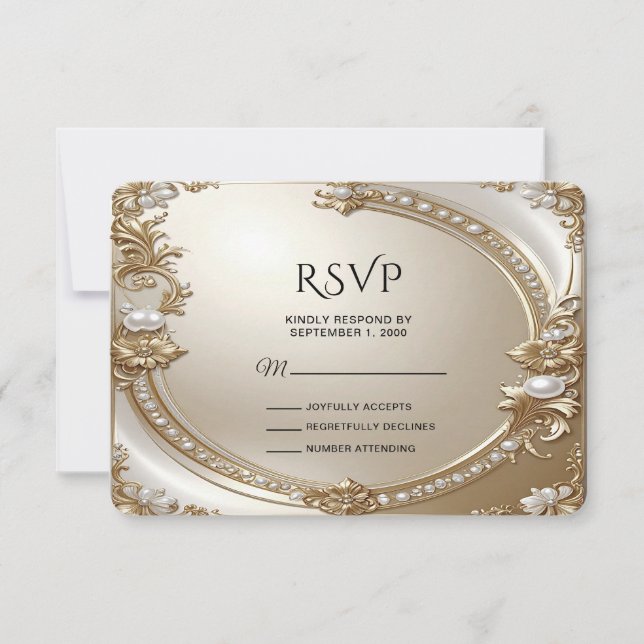 Golden Ornate Frame with Pearls RSVP Card OSA Kort (Framsida)